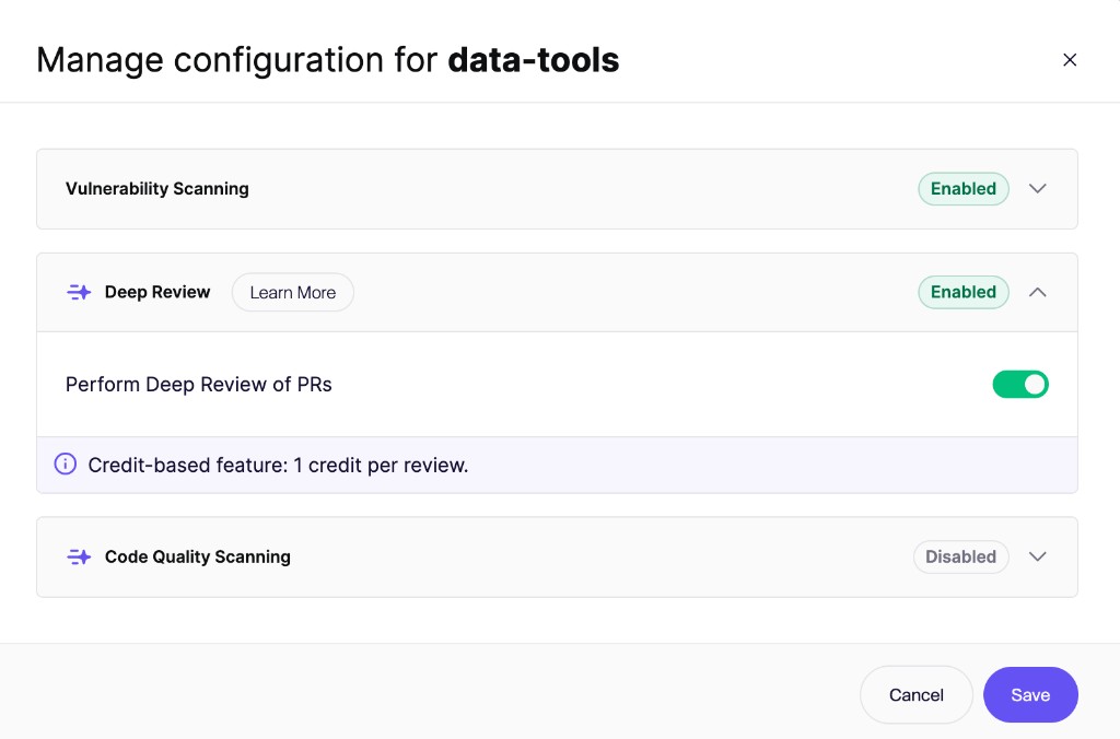 Repository configuration with Deep Review enabled and the Perform Deep Review of PRs toggle turned on.