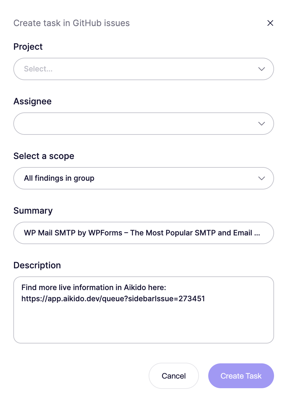 プロジェクト、担当者、説明フィールドを備えた新しいGitHub課題タスク作成フォーム。