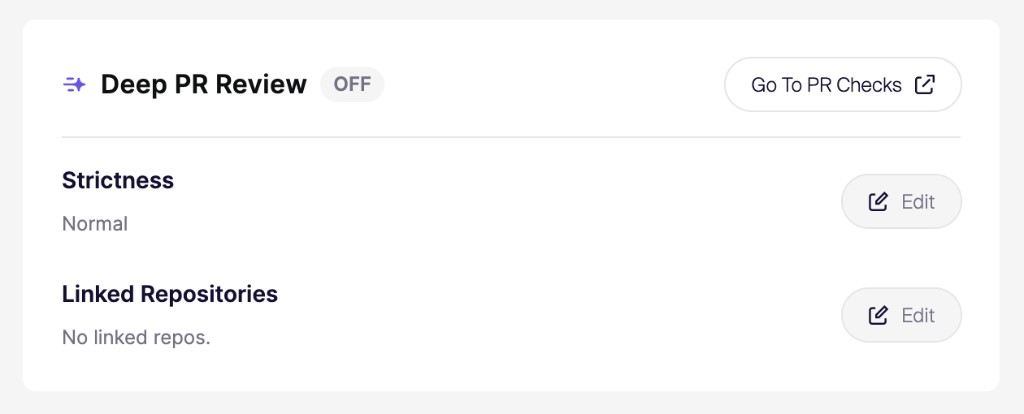 Deep PR Review card in repository settings, with Edit buttons for strictness and linked repositories.