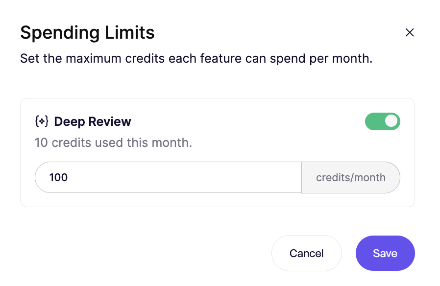 Spending Limits dialog with Deep Review enabled and a 100 credits per month cap.