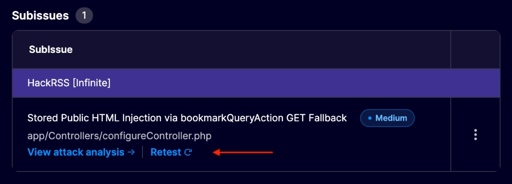 The Retest link in a pentest finding's subissues overview